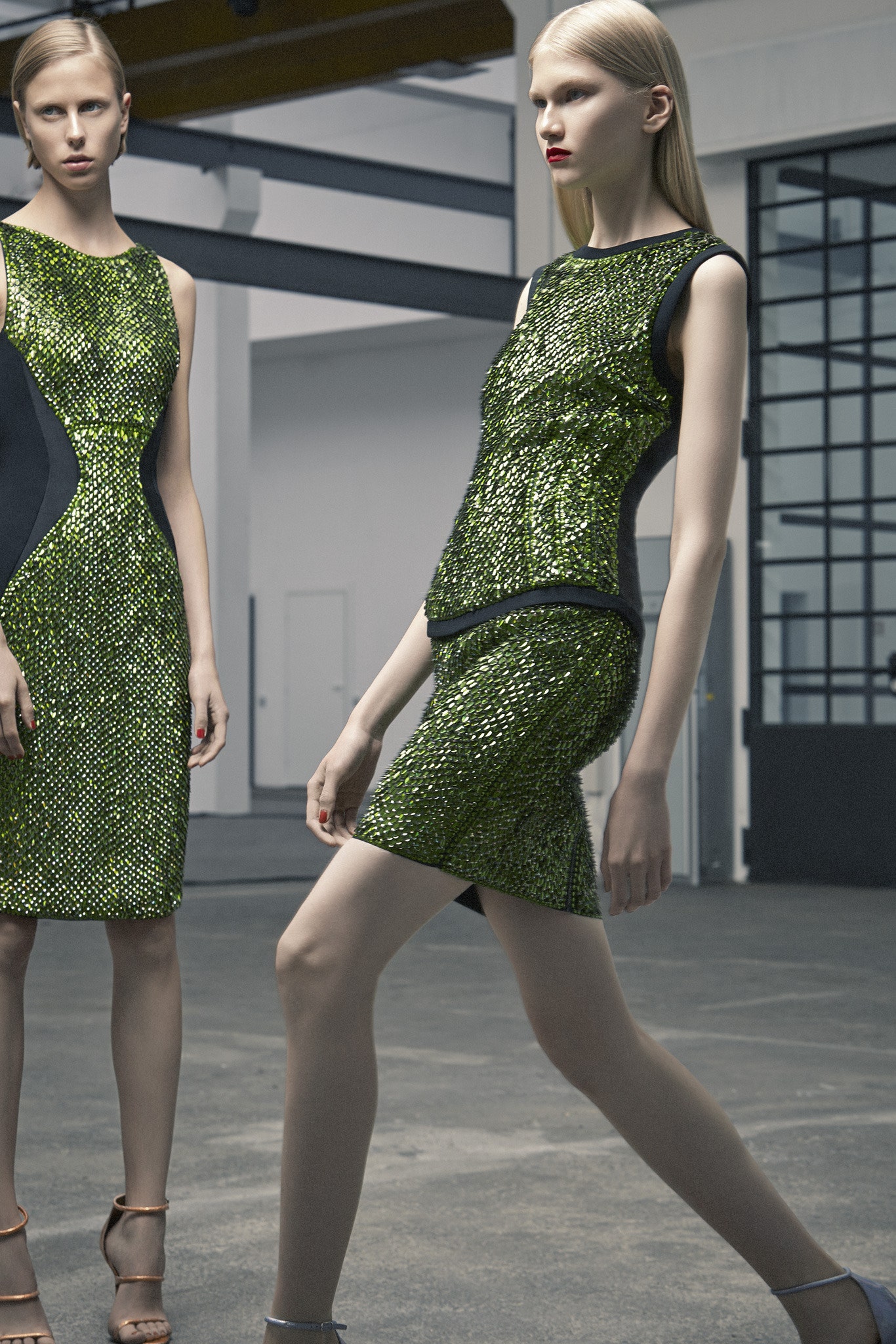 green silk sleeveless high-neck fitted sequined pencil dress