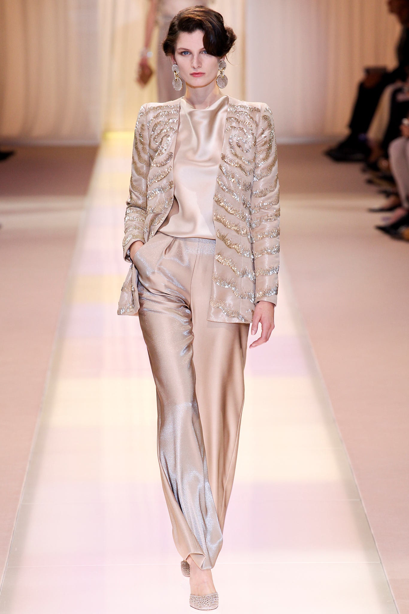 beige silk long-sleeve collared tailored embroidered blazer