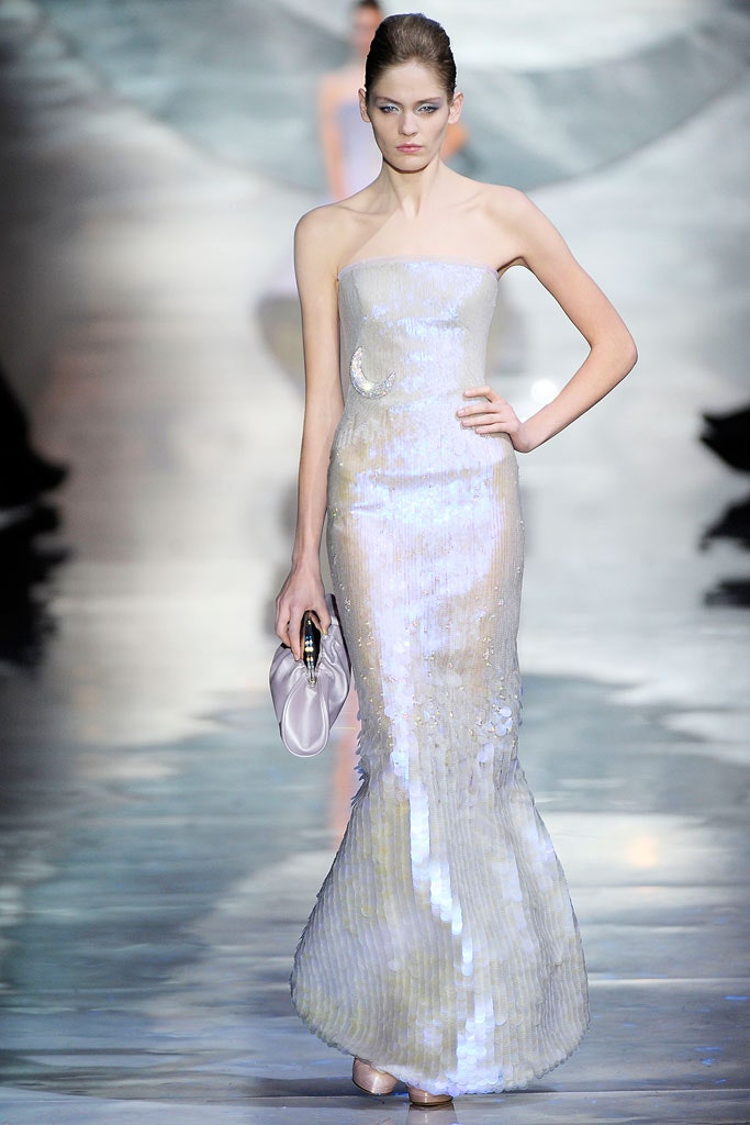 white silk strapless fitted pleated shiny maxi gown