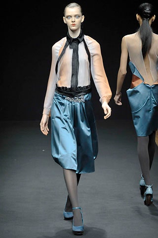 fitted silk blouse and midi skirt