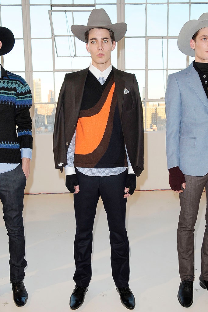 brown tailored blazer with color-blocked sweater
