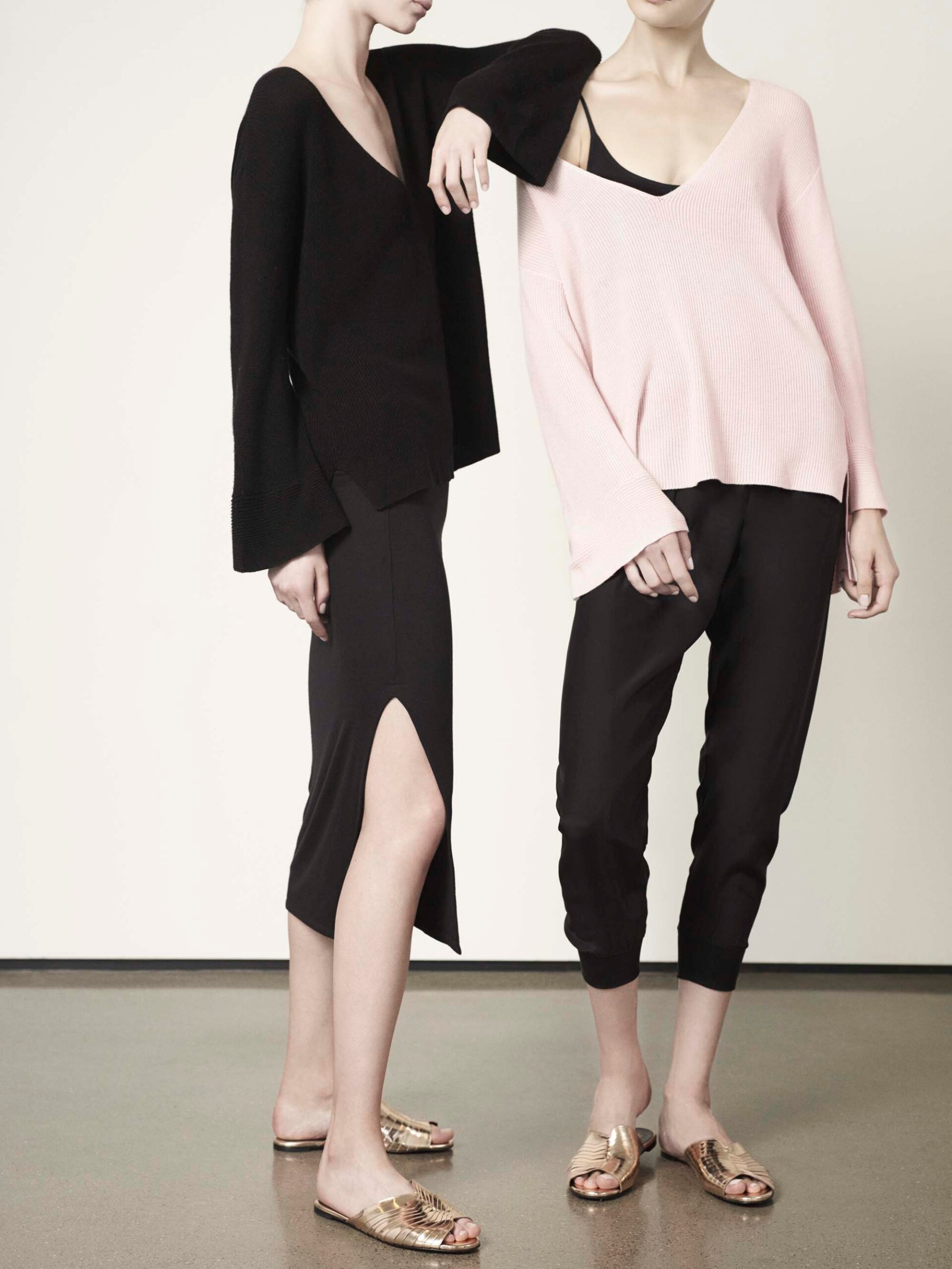 black and pink knit tops with midi skirt