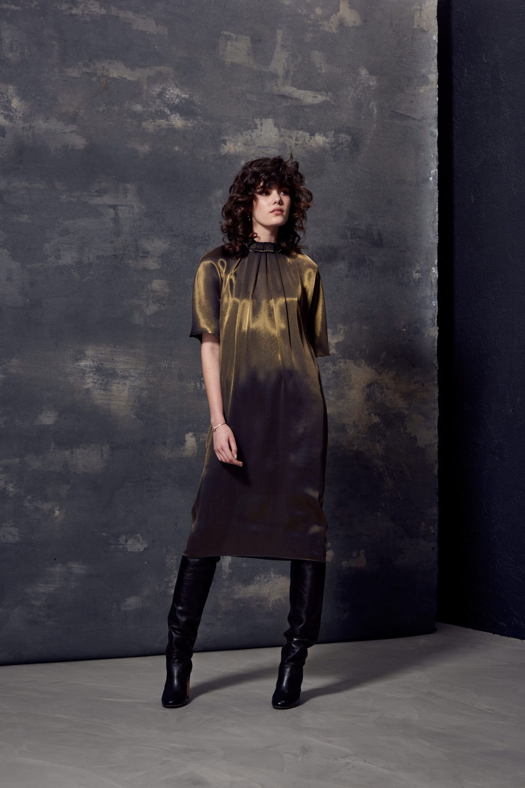 gold and black fitted midi dress