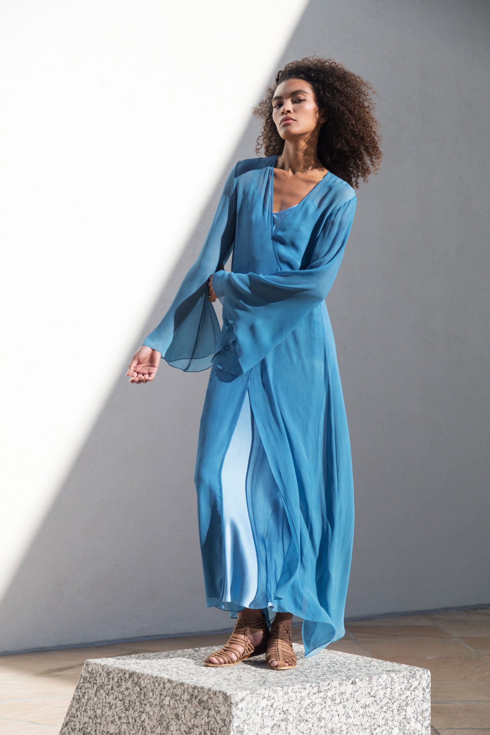blue chiffon long-sleeve dress