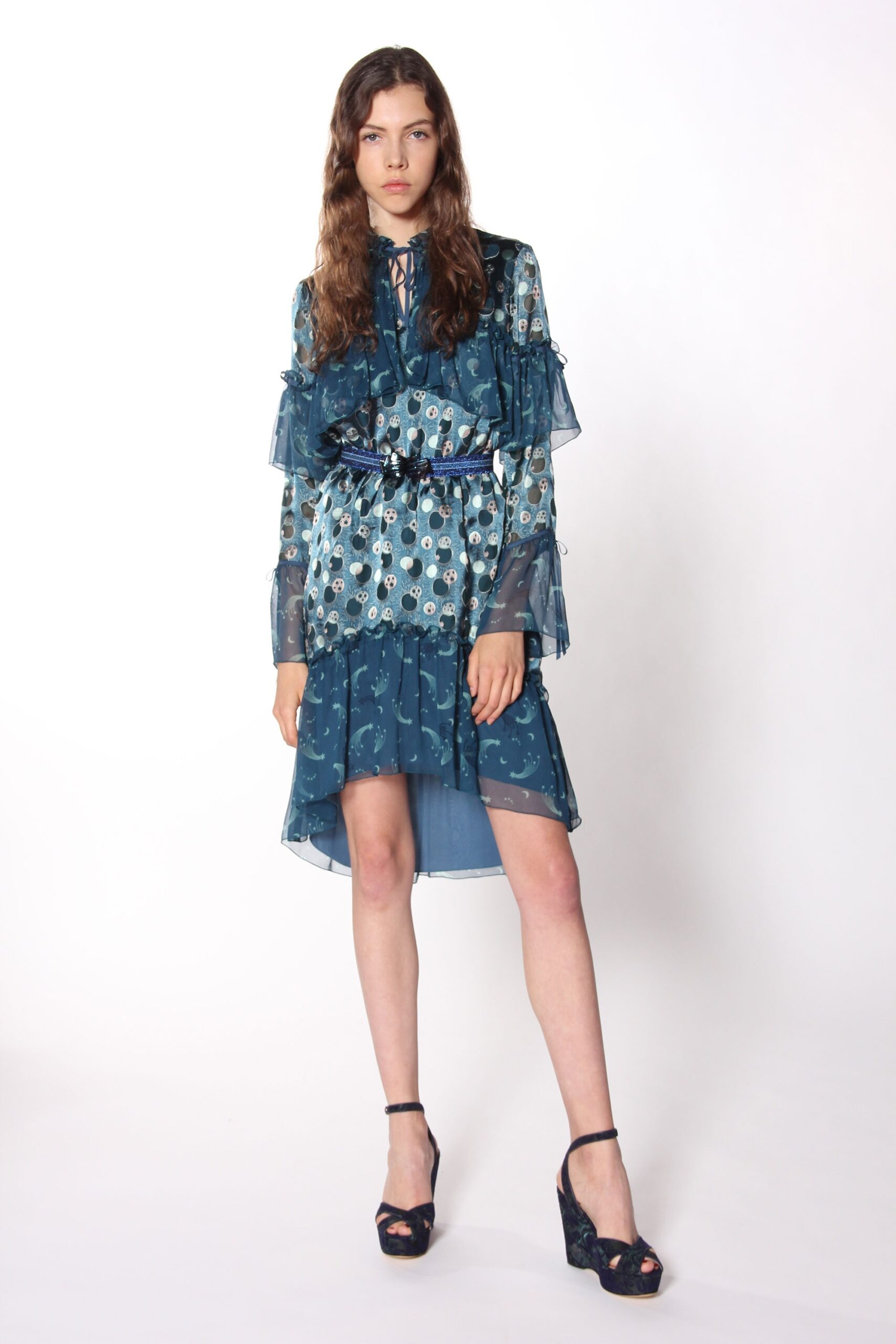 blue chiffon ruffled midi dress