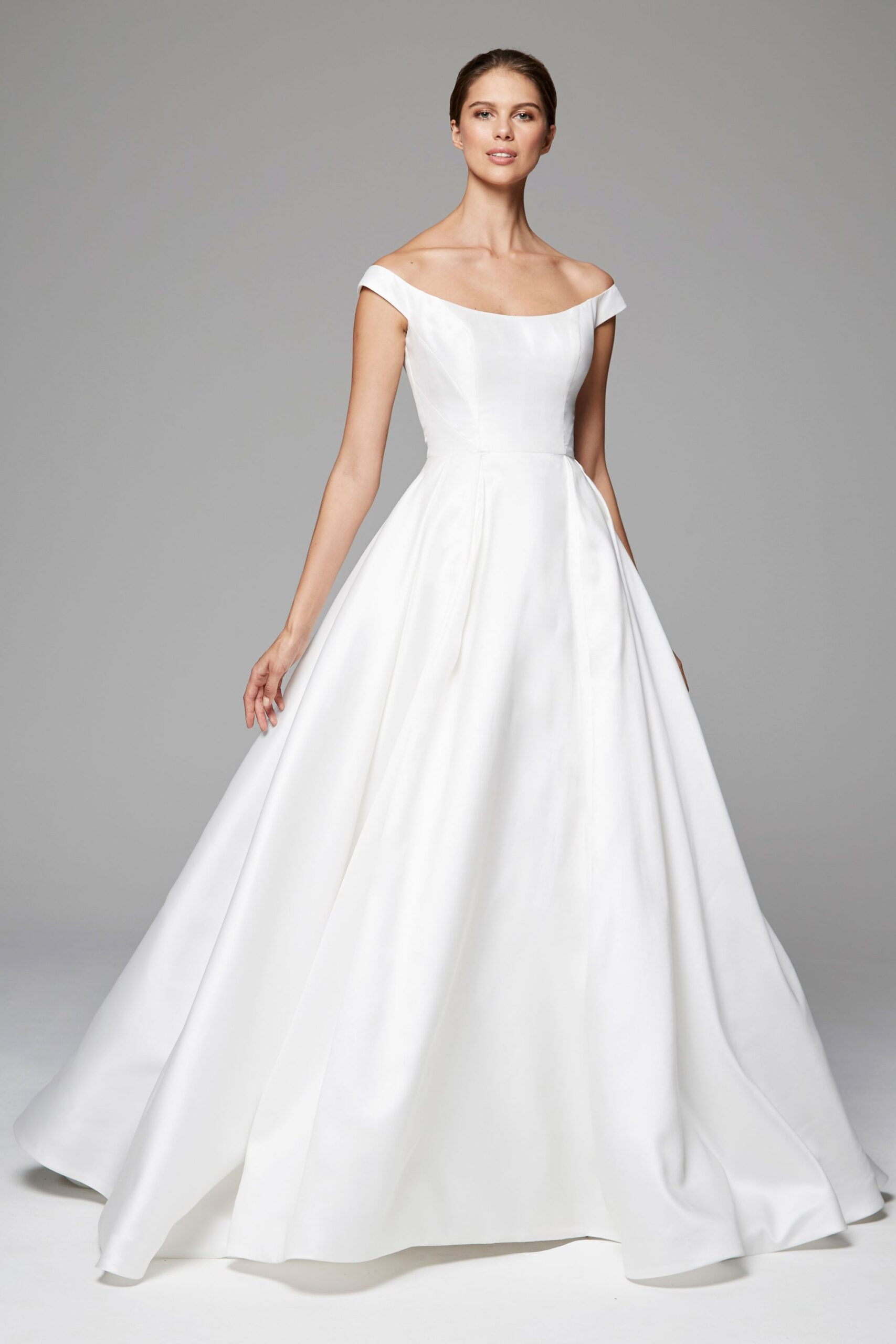 white silk off-shoulder gown