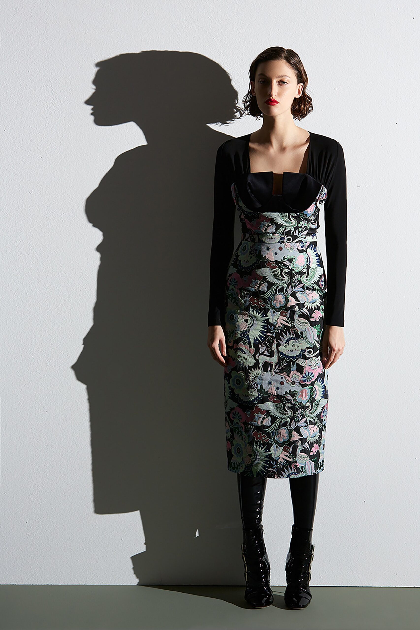 black multi printed midi dress