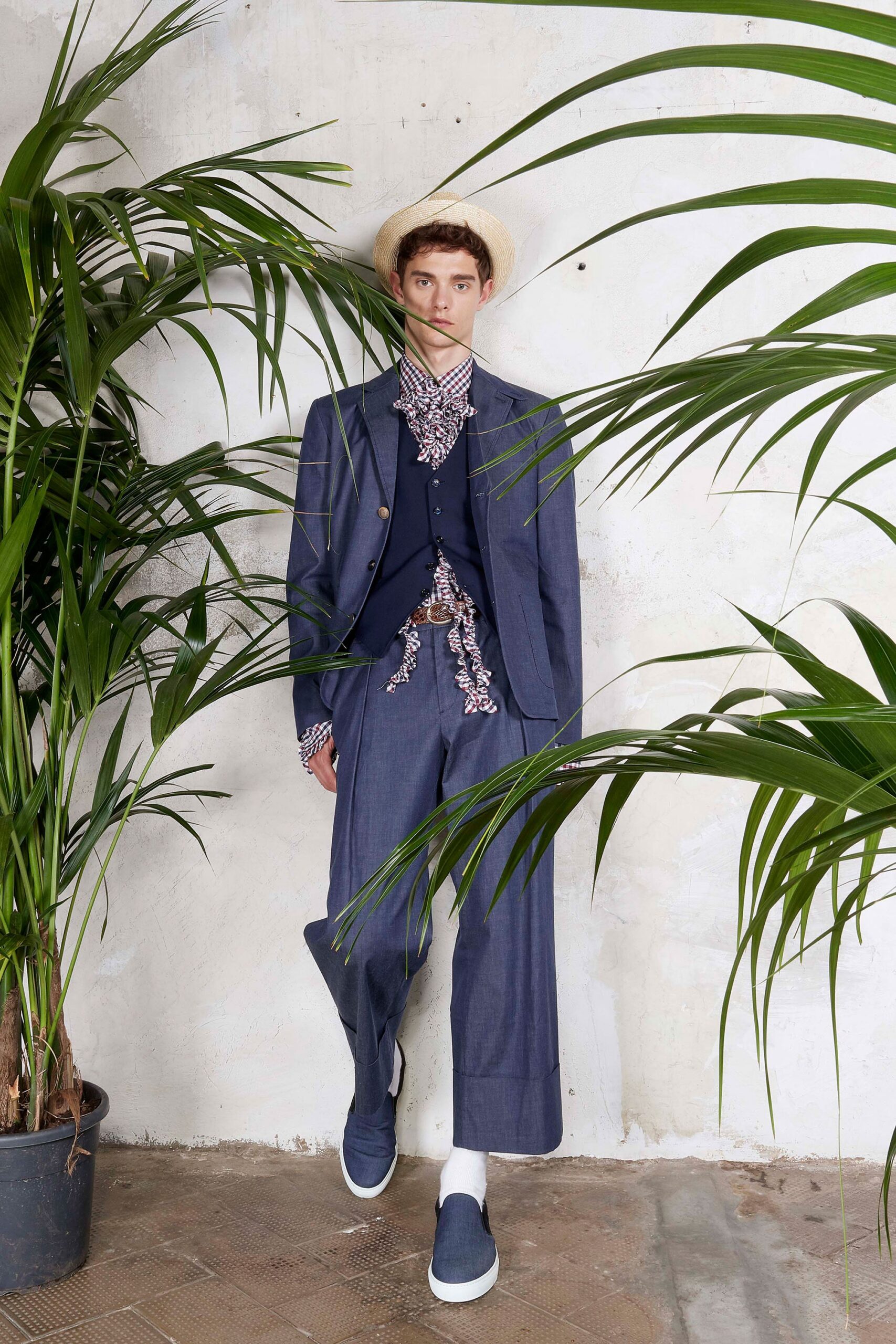 blue tailored suit with printed shirt