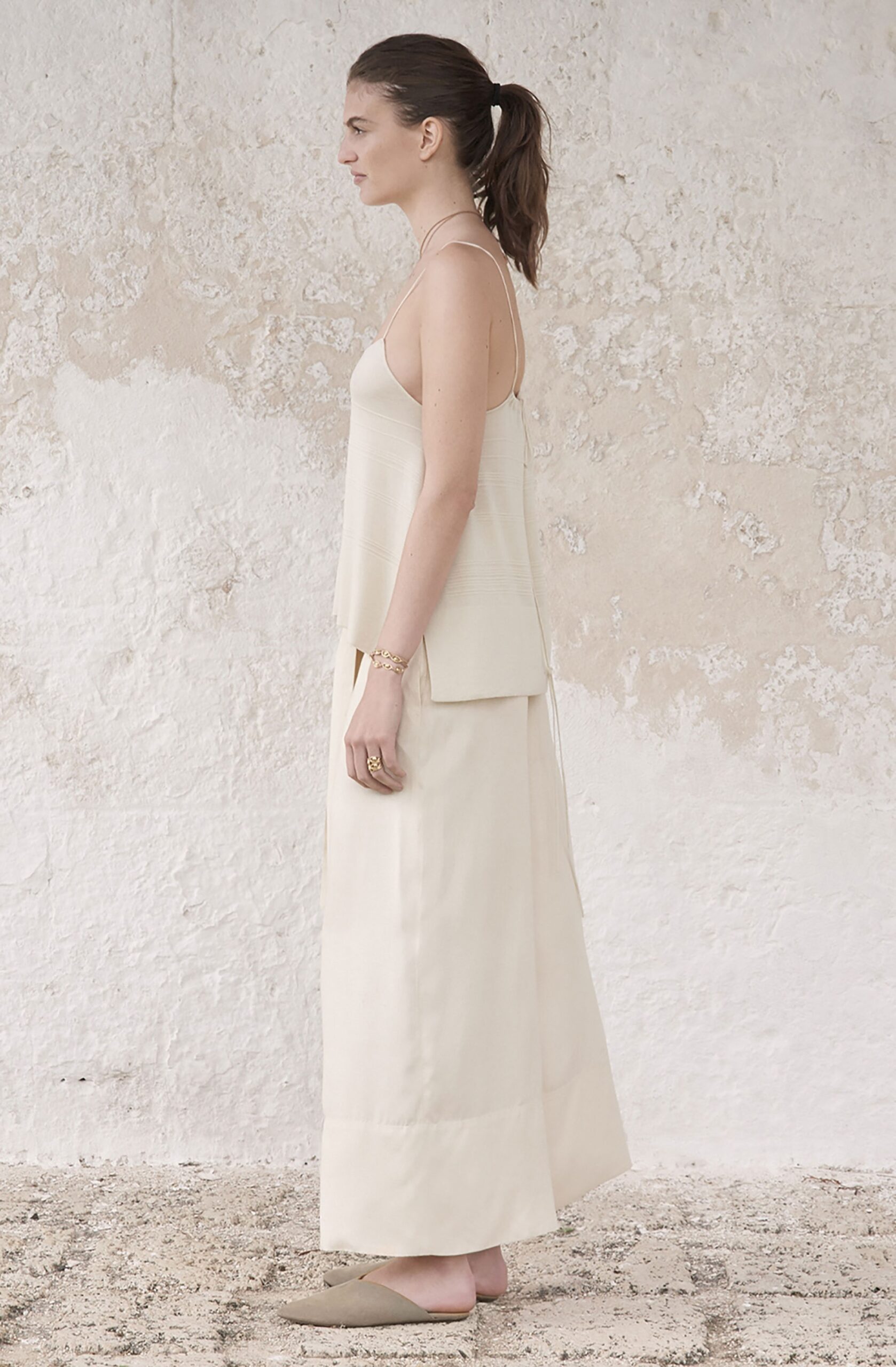 beige silk fitted straight-leg flowing maxi skirt