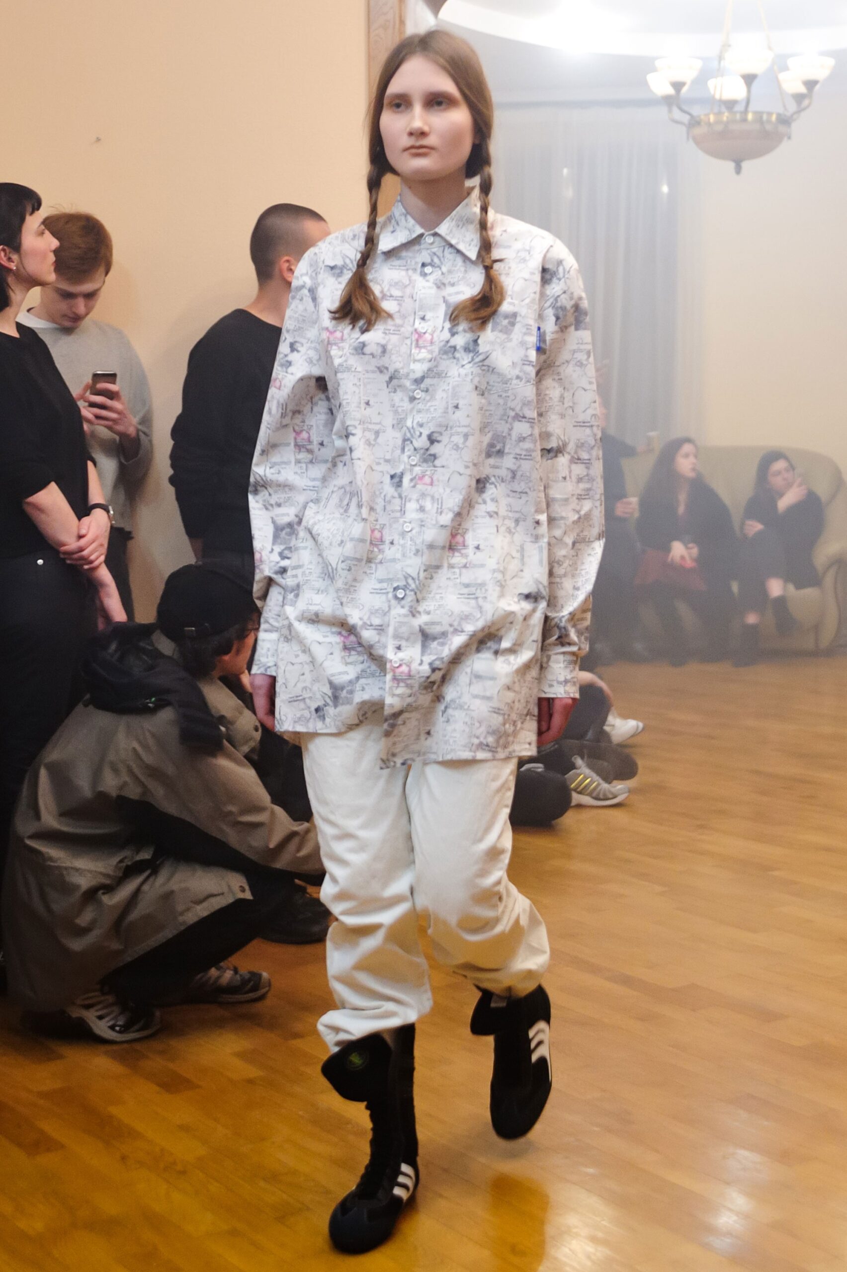 relaxed multi-printed shirt with white pants