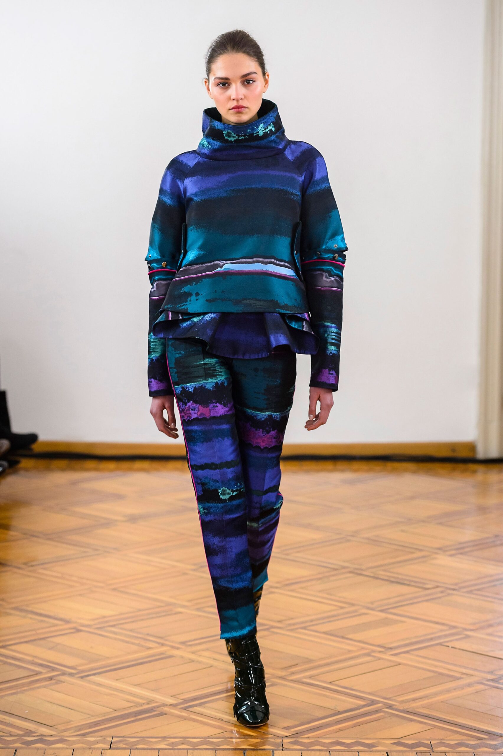 fitted blue purple green top and pants