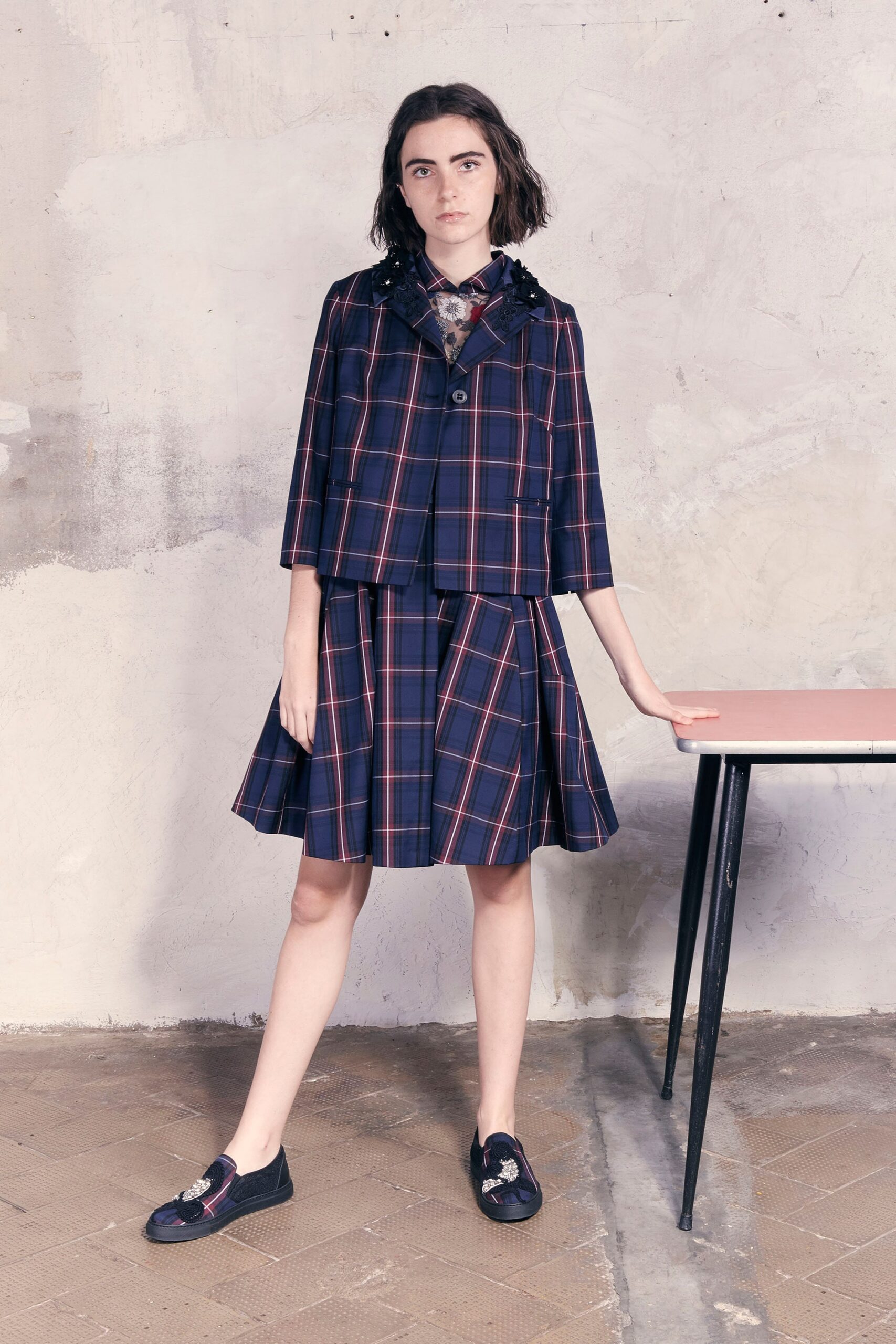 navy and red checked jacket and dress