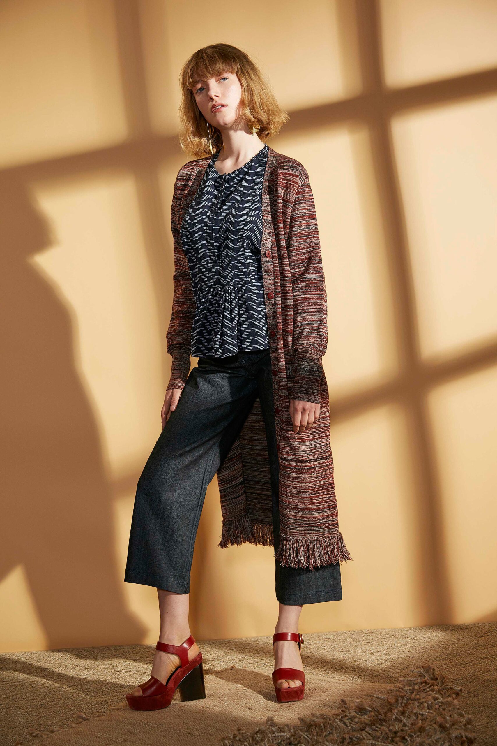 brown cotton long-sleeve relaxed layered fringed cardigan