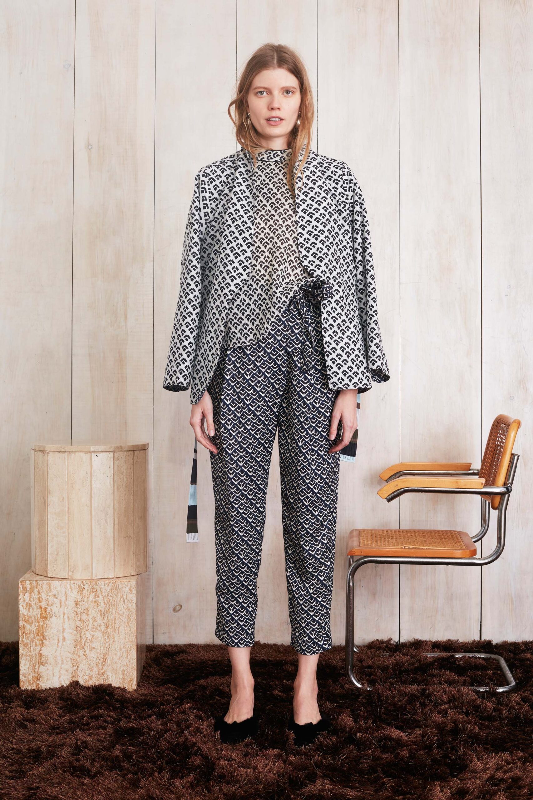 printed black and white silk top and pants