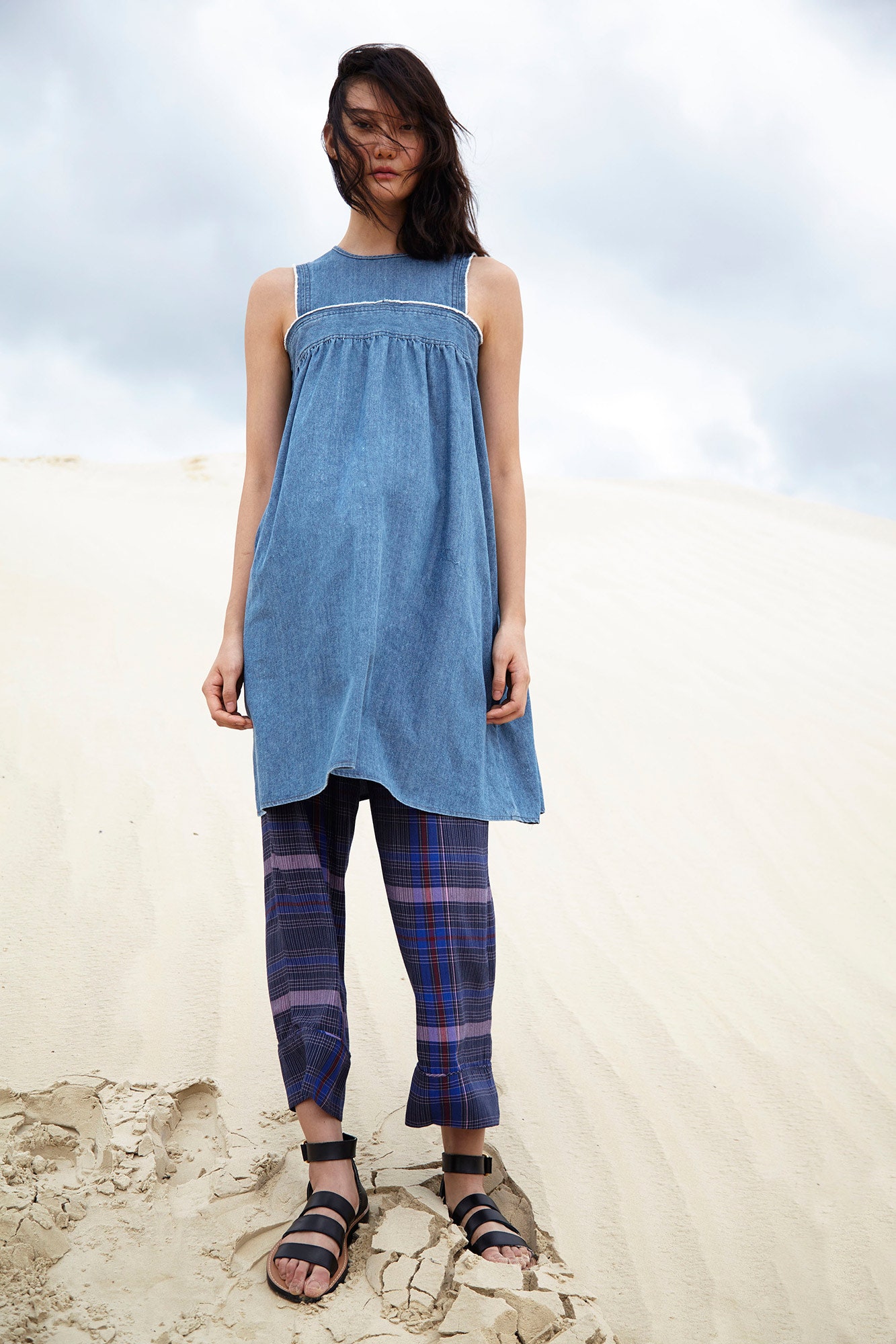 purple cotton long-sleeve relaxed checked pants