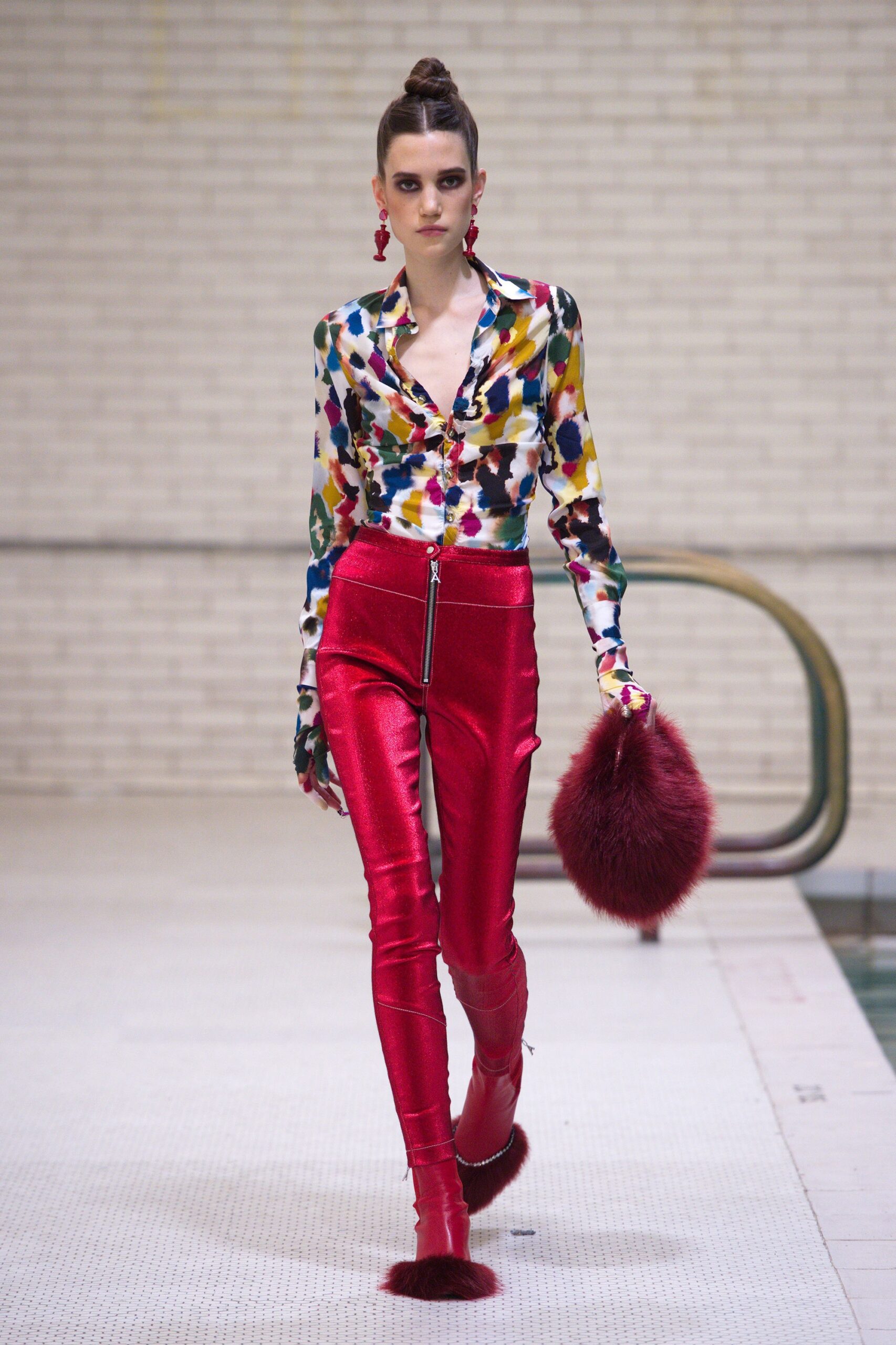 multi silk long-sleeve collared fitted buttoned shirt