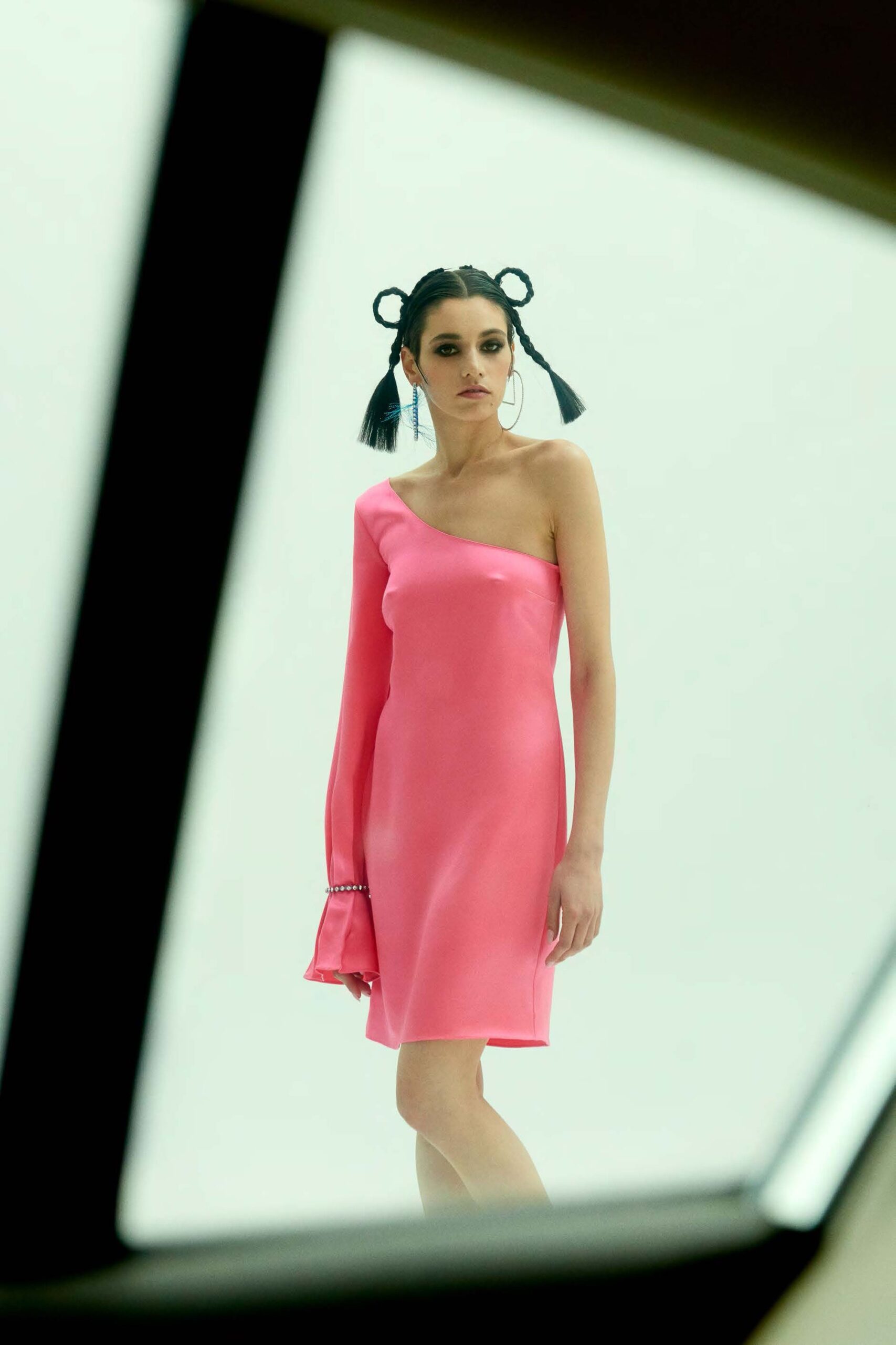 fitted pink silk asymmetric dress