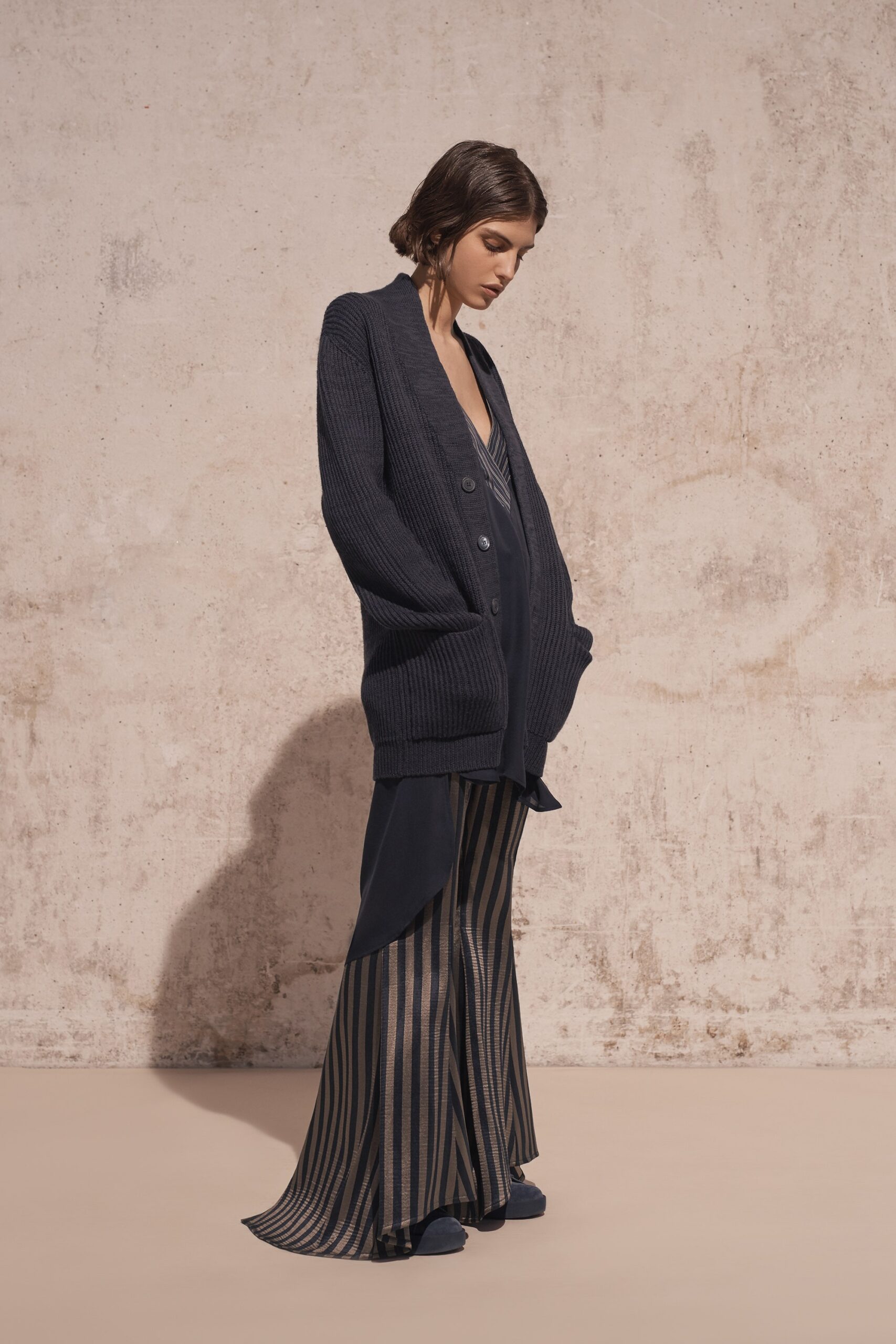 navy oversized cardigan with pleated dress