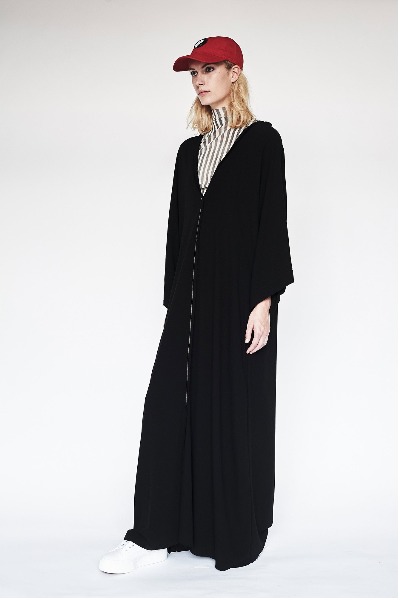 black cotton long-sleeve collared relaxed zippered maxi dress