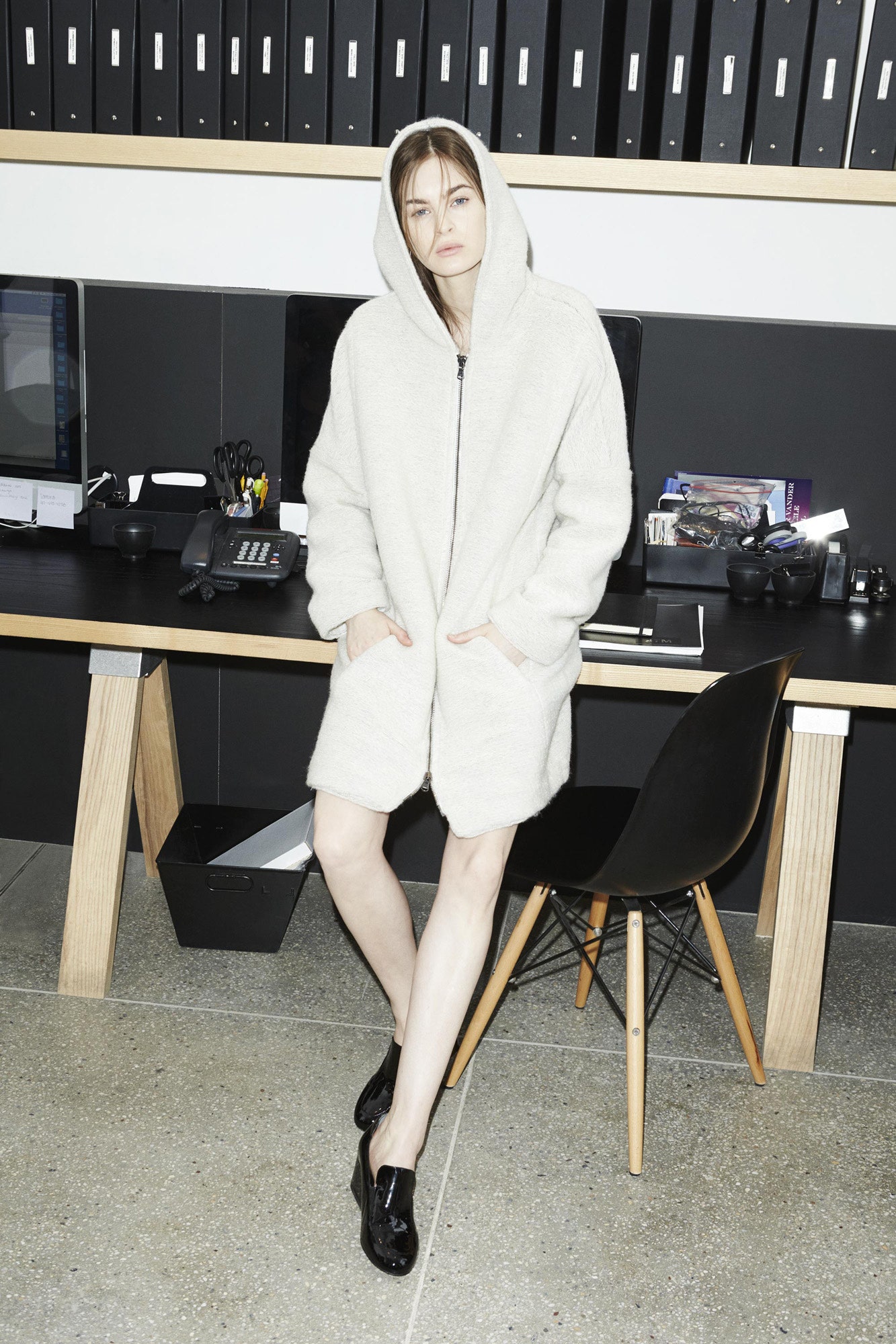 white faux-fur coat with hood