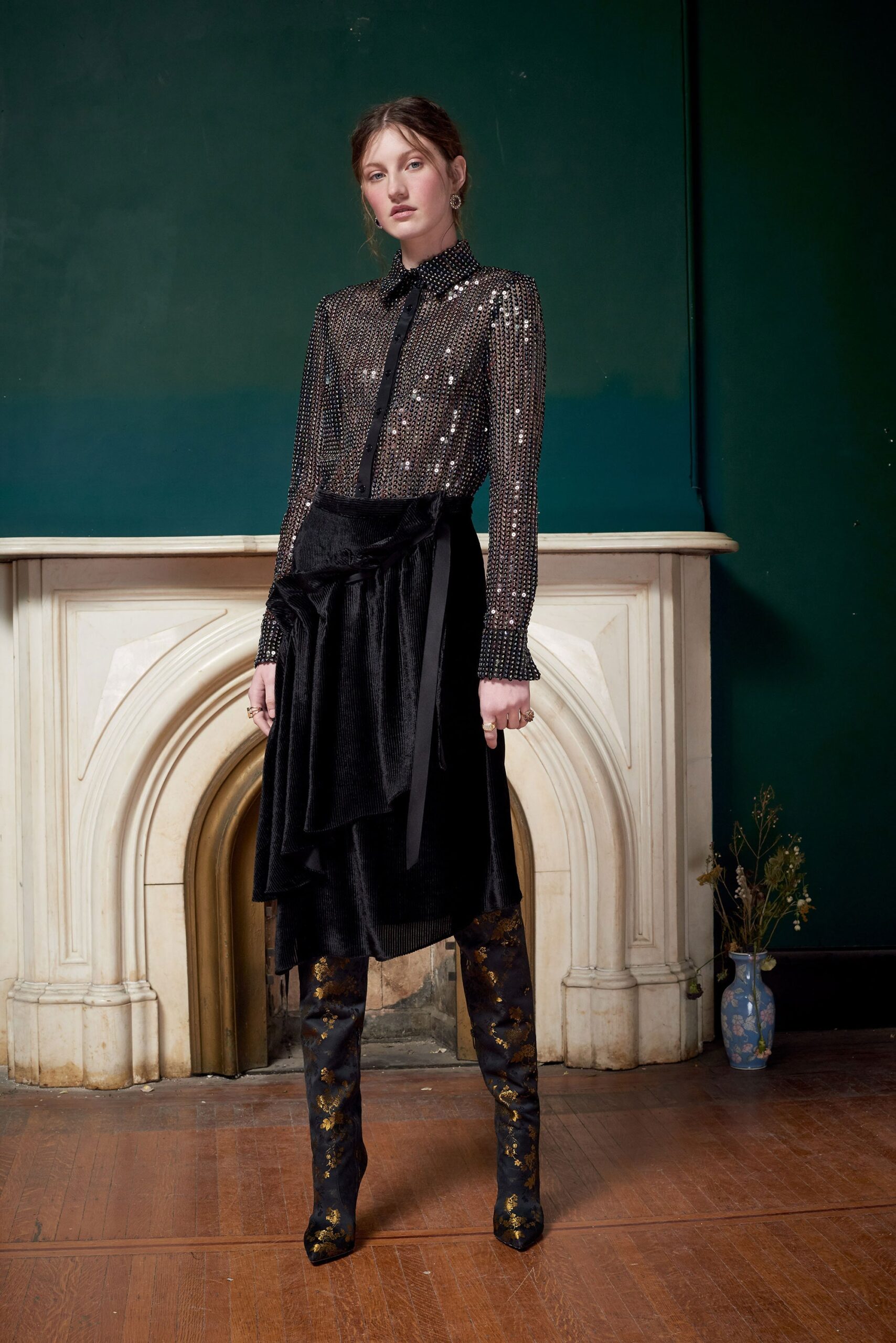 black silk long-sleeve collared fitted sequined shiny blouse