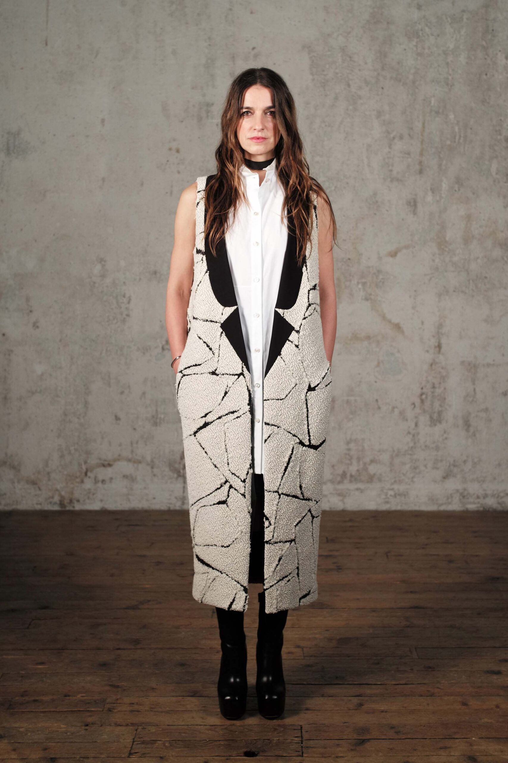 black and white sleeveless coat with shirt