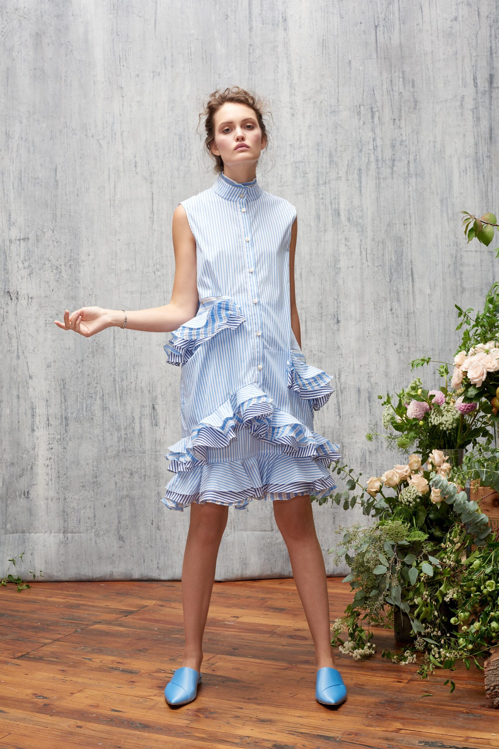 blue and white ruffled dress