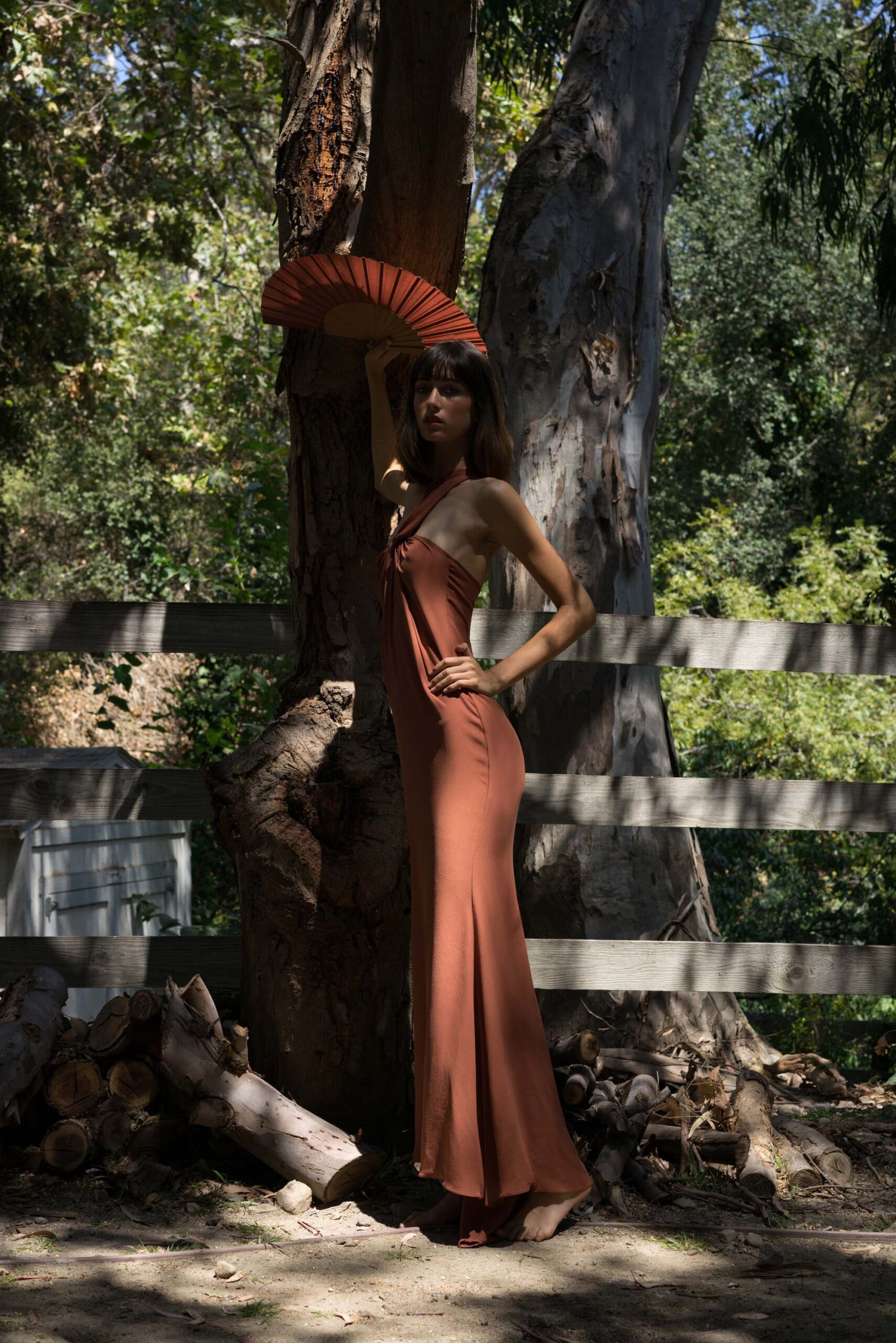 fitted orange silk maxi dress