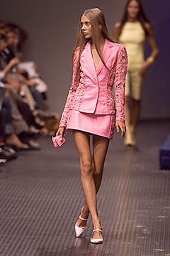 pink embroidered blazer and mini skirt
