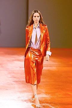orange silk long-sleeve collared fitted buttoned shiny suit