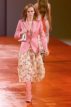 pink tailored blazer with midi skirt