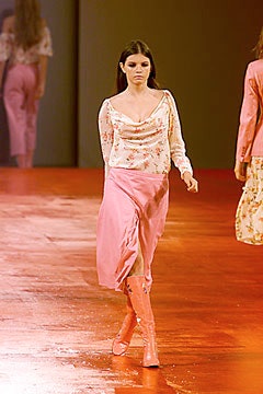 floral silk top with pink skirt