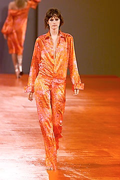 orange silk long-sleeve collared relaxed printed shirt