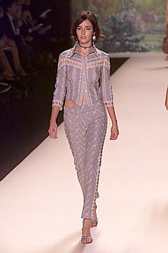 gray embroidered blouse and slim pants