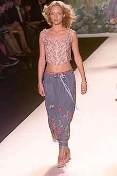 pink lace cropped top and blue embroidered pants