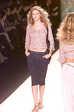 pink embroidered cropped top with denim skirt