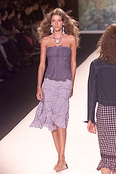 blue strapless top with purple skirt