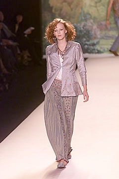 gray silk tailored blazer and blue flared pants