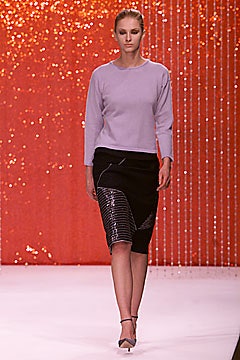 lavender fitted top and black pencil skirt
