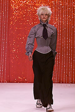 gray blouse beige corset black pants