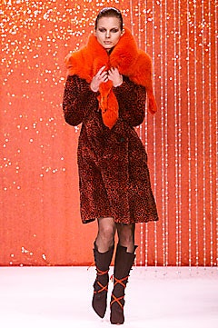 red fur long-sleeve collared fitted animal-print coat