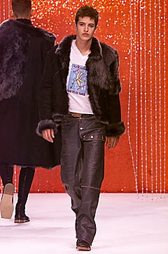 black fur coat with t-shirt and jeans