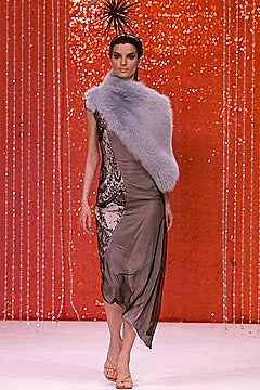 gray silk asymmetric dress with fur cape