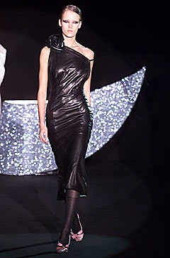 fitted black leather off-shoulder dress