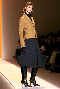 beige tailored blazer black midi skirt