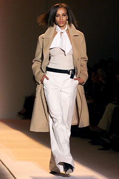 beige coat white blouse tailored pants