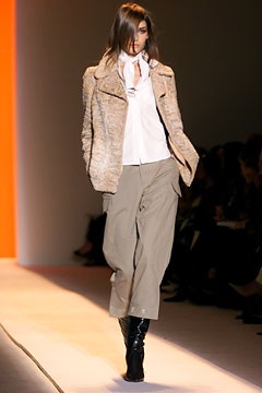 beige tweed jacket with gray pants