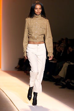 beige wool cropped top with white pants