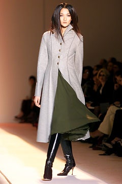 gray wool coat green silk dress