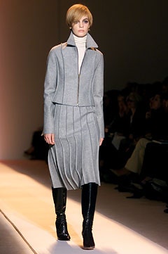 gray wool fitted jacket and skirt